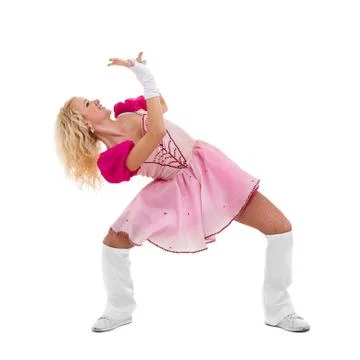 Disco dancer showing some movements against isolated white Stock Photos