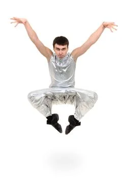 Disco dancer showing some movements against isolated white Stock Photos