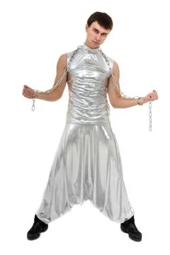Disco dancer showing some movements against isolated white Stock Photos