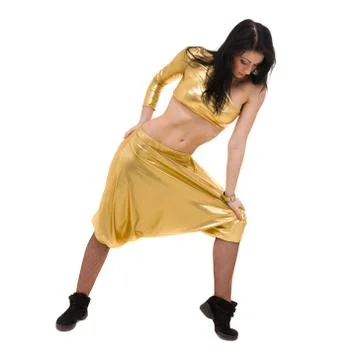 Disco dancer showing some movements against isolated white Stock Photos