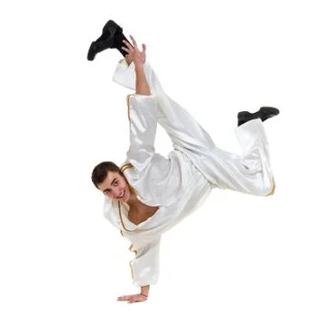 Disco dancer showing some movements against isolated white Stock Photos