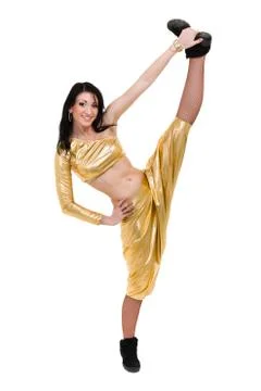 Disco dancer showing some movements against isolated white Stock Photos