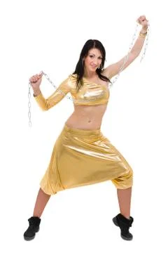 Disco dancer showing some movements against isolated white Stock Photos