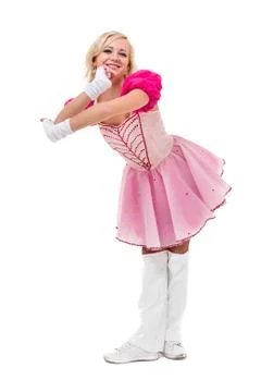 Disco dancer showing some movements against isolated white Stock Photos