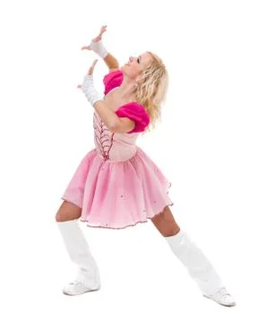 Disco dancer showing some movements against isolated white Stock Photos