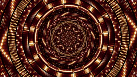Disco light bulbs in the circles of the tunnel. Shimmering shiny background from Stock Footage 150593076