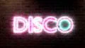 Disco logo neon lights sign on brick wall text glowing multicolor HD Footage