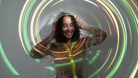 Disco magic double exposure light happy woman Stock Footage 234434095