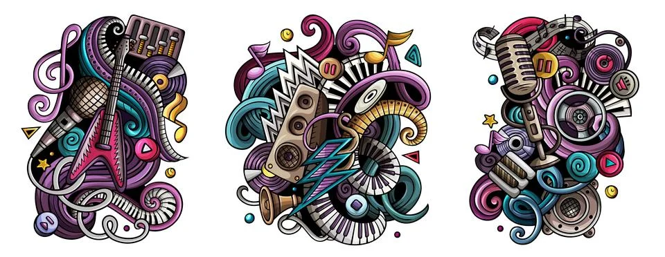 Disco music cartoon vector doodle designs set. Stock Illustration
