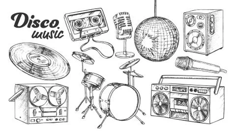 Disco Music Collection Elements Ink Set Vector イラスト素材
