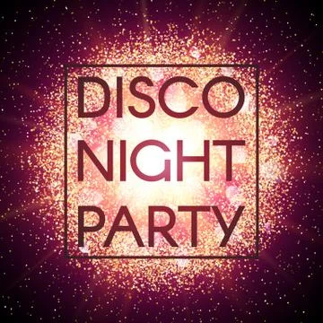 Disco night party banner on explosion background with gold glittering elements. Illustrazione stock