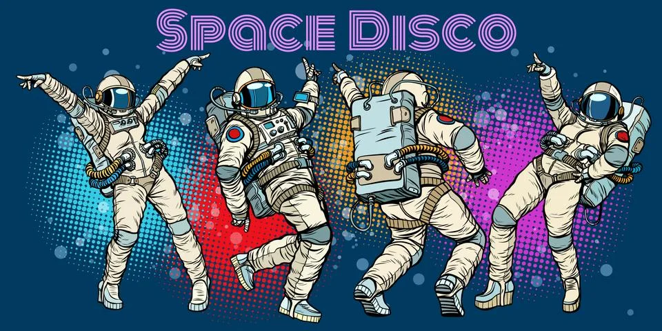 Disco party astronauts dancing men and women Stock Illustration