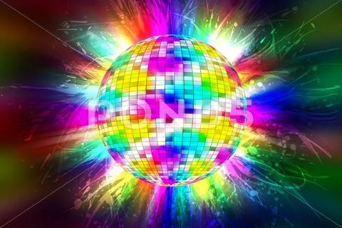 Disco party ball with colorful flames-lights Stock Illustration
