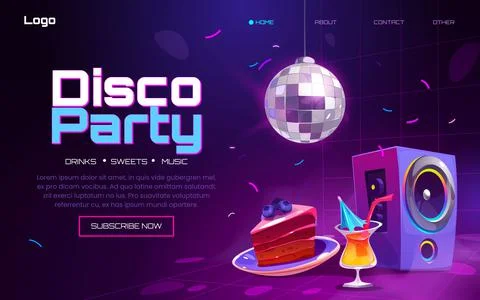 Disco party banner with light ball, cake, cocktail Stock Illustration
