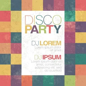 Disco poster or flyer design vintage template on colorful squary background.  Stock Illustration