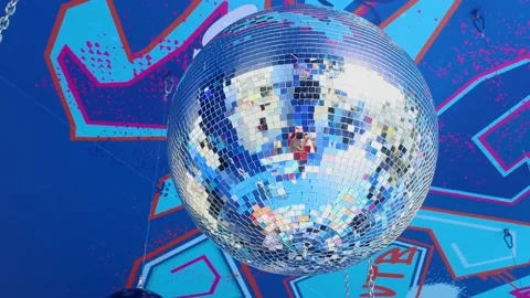 A disco-style photo zone with shiny balls. Blue zone. Stock Footage 221304101