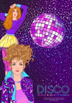 Disco time Party design template with fashion girl Illustrazione stock