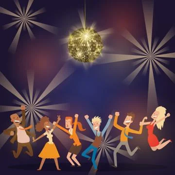 Discoball in bar banner, poster vector illustration. People dancing at party Stock Illustration