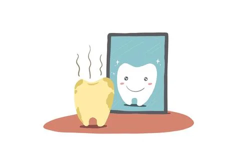 Discoloration Yellow tooth look at reflection healthy  tooth in mirror Stock Illustration