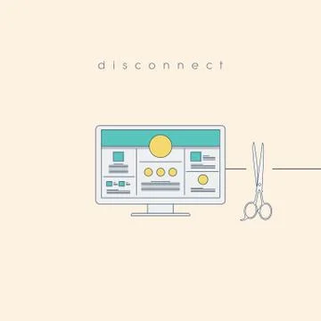 Disconnect concept with computer and cut wire by scissors. Unplugged technology Stock Illustration