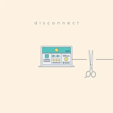 Disconnect concept with computer and cut wire by scissors. Unplugged technology Stock Illustration