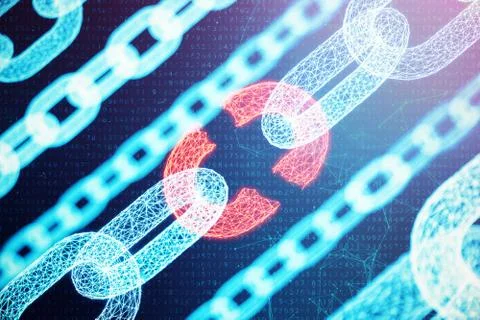 Disconnected, broken chain, digital block chain technology. Cryptocurrency Stock Illustration