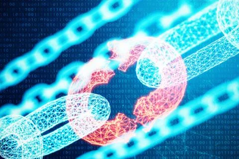 Disconnected, broken chain, digital block chain technology. Cryptocurrency Illustrazione stock