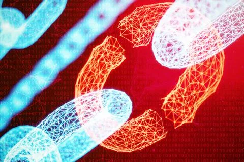 Disconnected, broken chain, digital block chain technology. Cryptocurrency Illustrazione stock