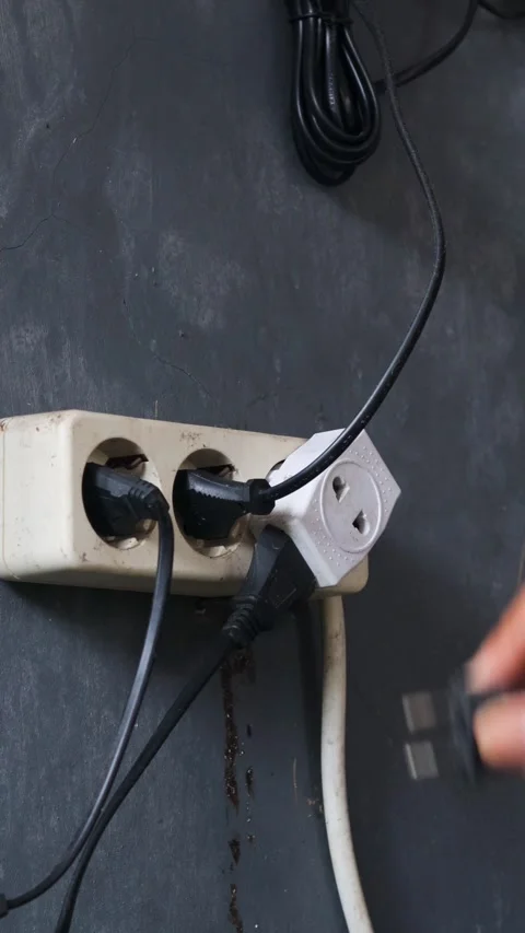 Disconnecting multiple electrical plugs from a wall outlet Stock Footage 337446556