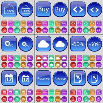 Discount, Buy, Code, DVD, Cloud, Discount, Calendar, Reserve, Cursor. A large se Illustrazione stock