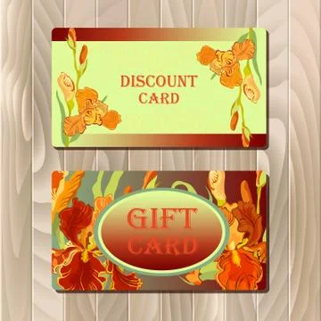 Discount card printable template with red iris flower design. Stock Illustration