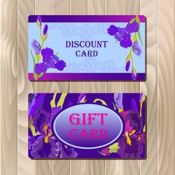 Discount card template with purple iris flower design. Stock Illustration