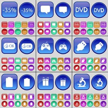 Discount, Chat bubble, DVD, Like, Gamepad, USB, Battery, Gift, Microscope. A lar Stock Illustration