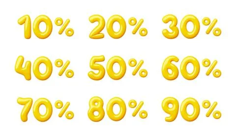 Discount compositions with 3d numbers. Plump voluminous shapes, glossy yellow Stock Illustration
