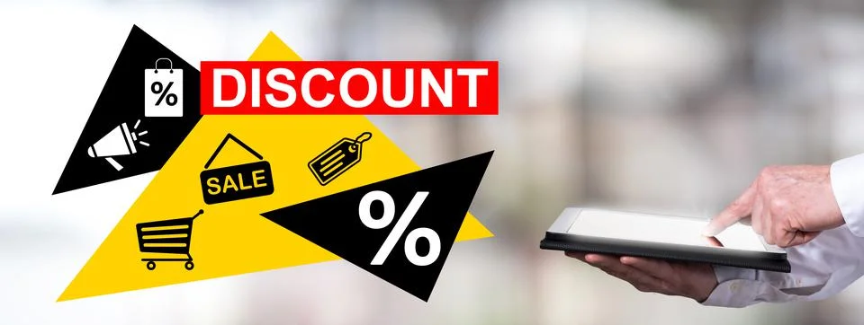 Discount concept with man using a tablet Stock-Fotos