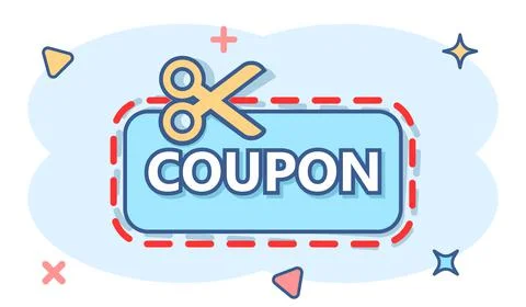 Discount coupon icon in comic style. Scissors with price tag vector cartoon i Stock Illustration