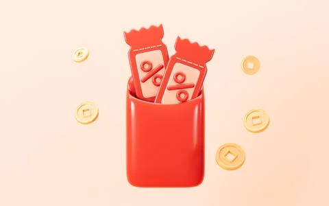 Discount coupon with red envelope, flying gold coins, 3d rendering. Stock Illustration