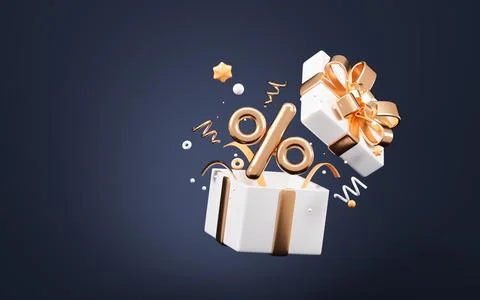 Discount design with opening gift box, gold ribbons and twinkles for congra.. Stock Illustration