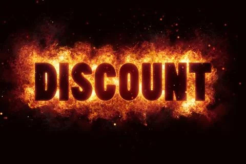 Discount fire flames burn burning text explosion explode Stock Illustration