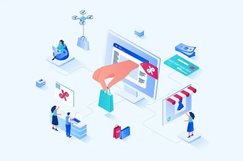 Discount of goods 3d isometric web design. People buy new products at best Stock Illustration