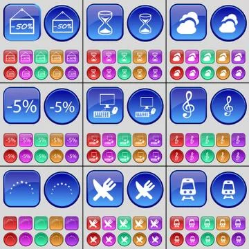 Discount, Hourglass, Cloud, PC, Clef, Star, Cutlery, Train. A large set of multi 스톡 일러스트