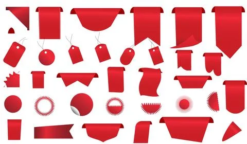 Discount red ribbons badges vector set. Realistic shopping tags, red silk. .. Stock Illustration