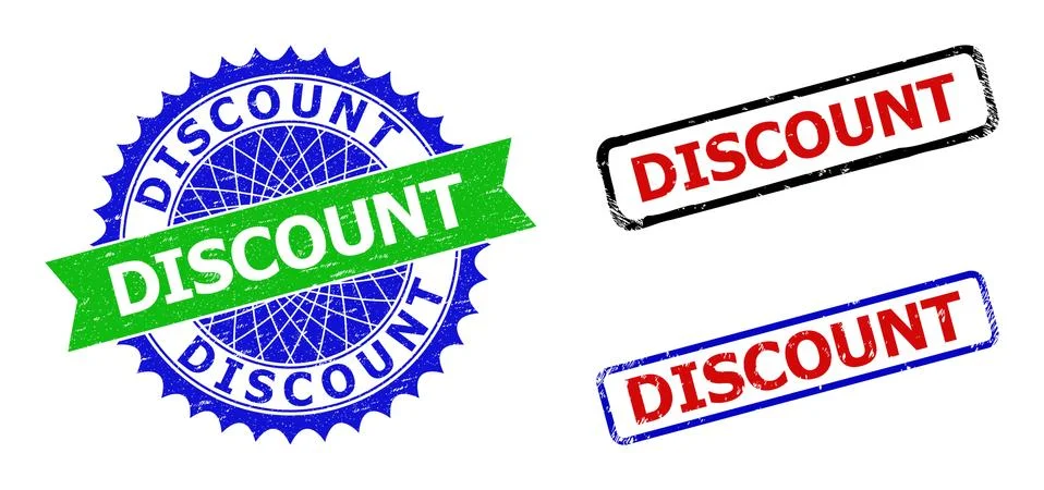 DISCOUNT Rosette and Rectangle Bicolor Badges with Corroded Textures Stock Illustration