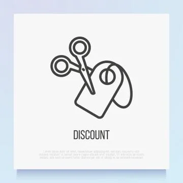 Discount thin line icon. Label is cutted half by scissors. Cut price. Stock Illustration