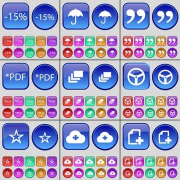 Discount, Umbrella, Quotation mark, PDF, Gallery, Wheel, Star, Cloud, File. A la 스톡 일러스트
