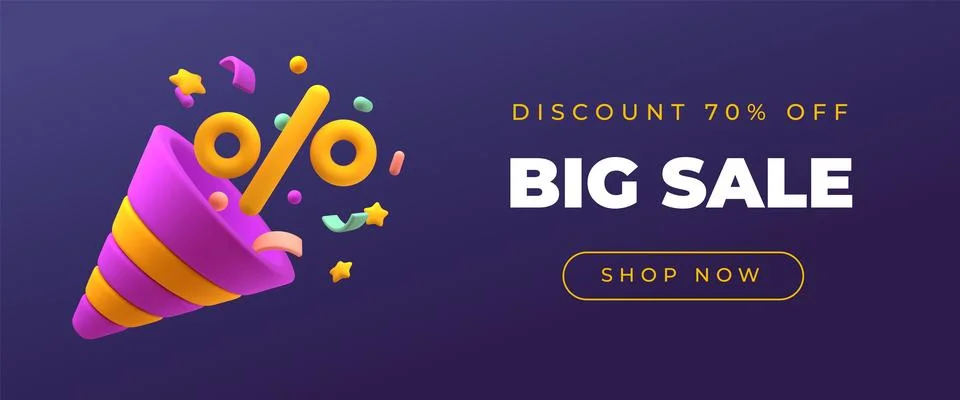 Discount voucher with cartoon 3d popper. Flying confetti, stars and percent sign Illustrazione stock