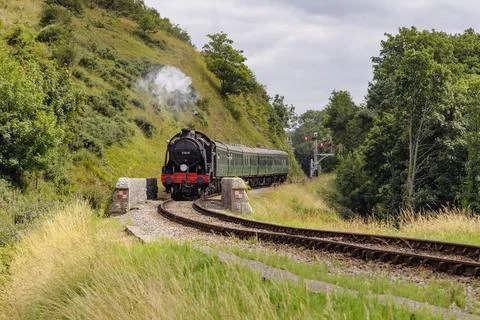 Discover a captivating steam engine moving along a scenic railway track Stock Photos