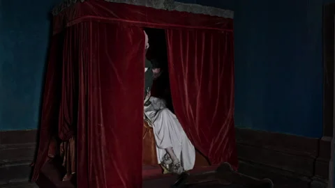Discover the hidden performer behind the red curtains in this room Stock Footage 327967388