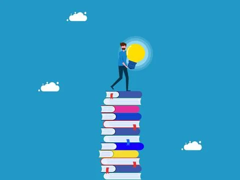 Discover new knowledge. man holding a light bulb on a stack of books Stock Illustration