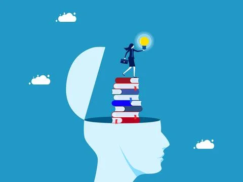 Discover new knowledge or wisdom. Businesswoman holding light bulb on stack o Illustrazione stock